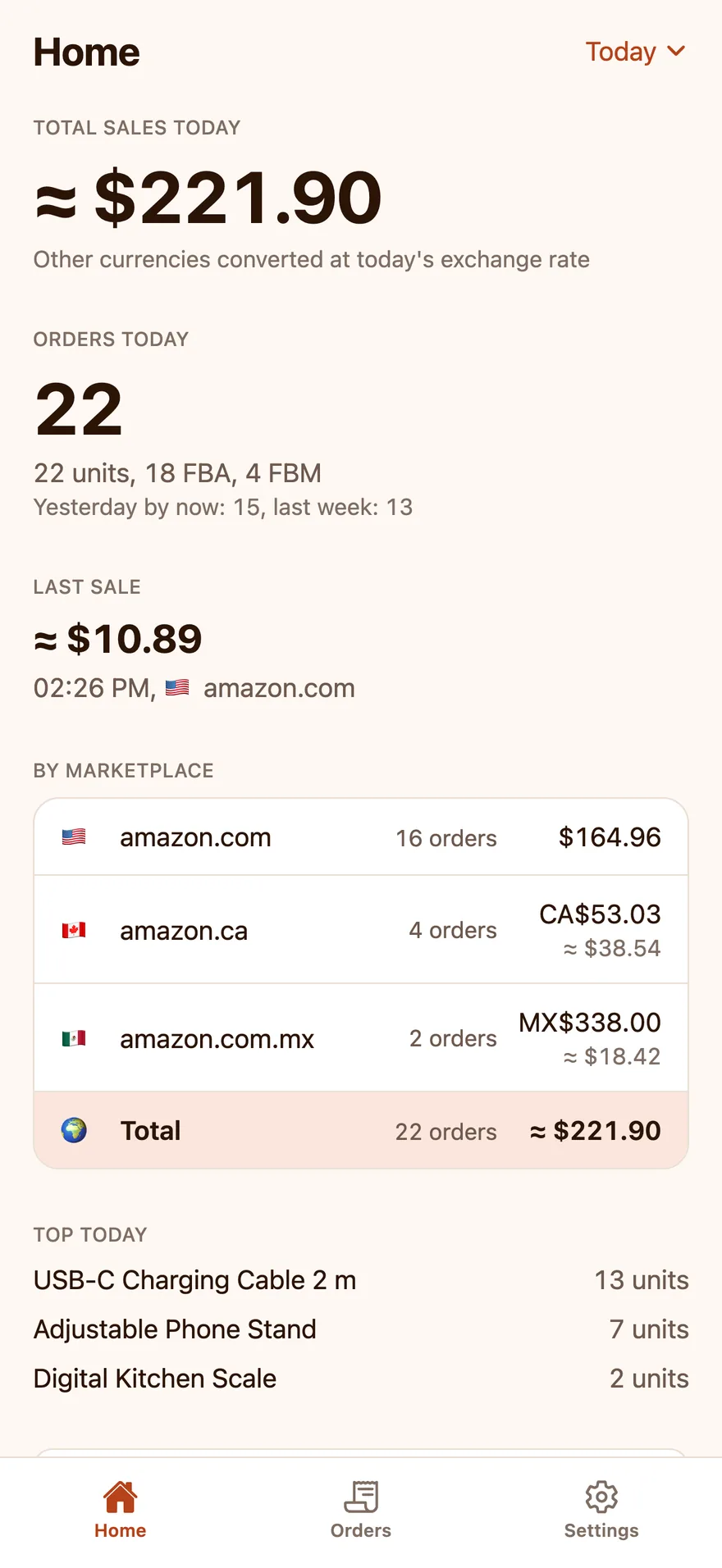 The Home screen of Agent ChaChing, with today's sales, the number of orders and the top products