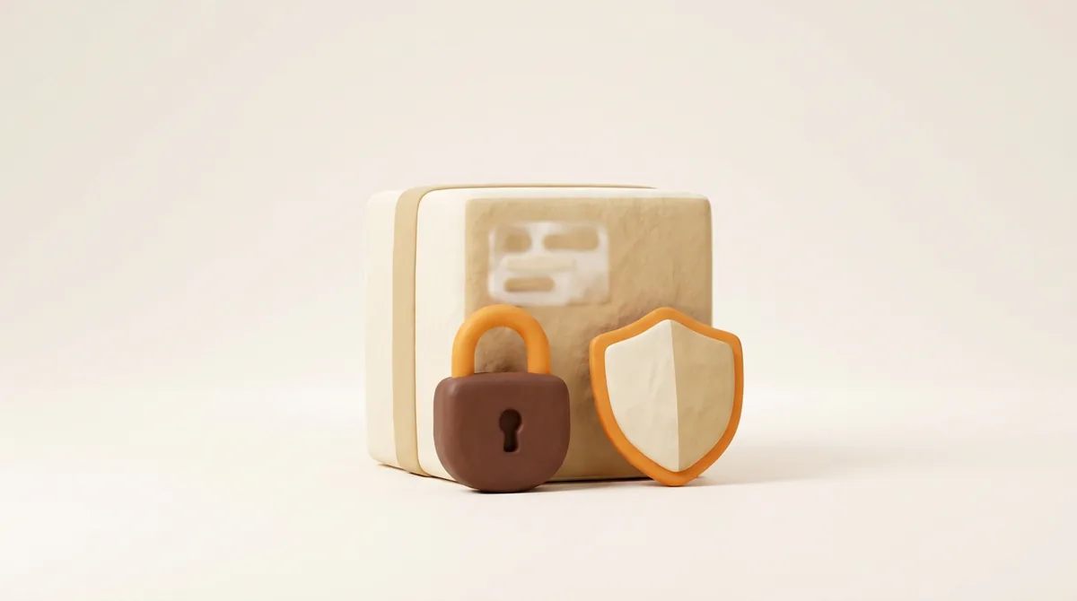 Illustration of a parcel whose shipping label is blurred, with a padlock and a shield standing in front of it, for a guide to the Amazon Data Protection Policy for sellers and their apps