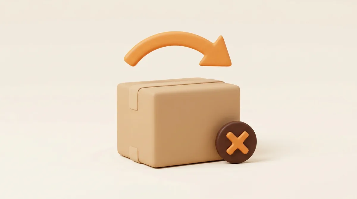 Illustration of a cardboard parcel with a curved return arrow above it and a small round badge with a cross beside it, showing an Amazon order cancelled from the seller's view