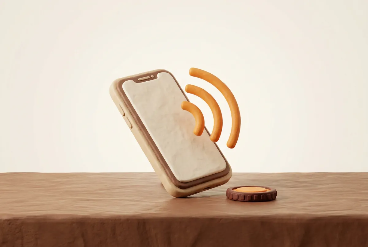 Illustration of a smartphone on a wooden desk with sound waves coming from its screen as the cha-ching sound plays for an Amazon order