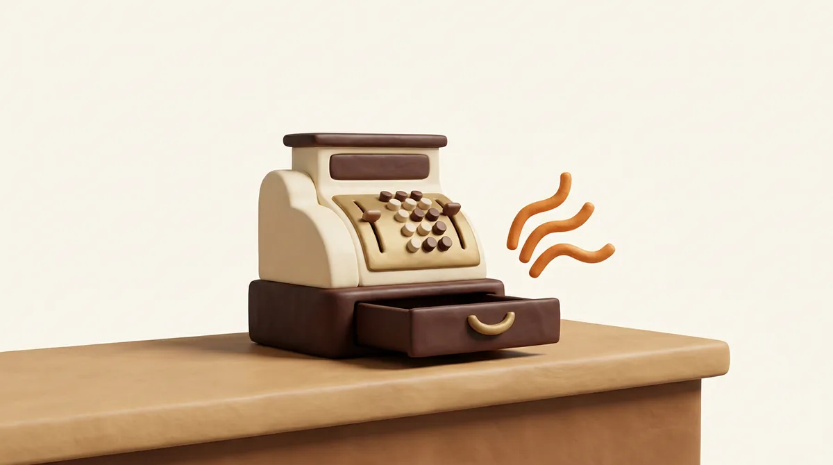 Illustration of a vintage brass cash register with its drawer open and sound waves rising from it, the classic cha-ching sound