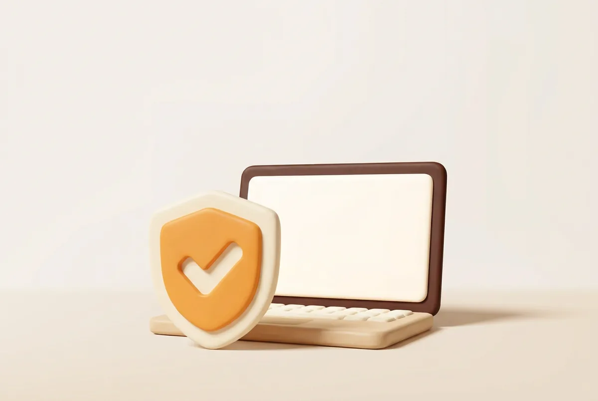 Illustration of a shield with a checkmark standing in front of an open laptop, the checklist to run before you connect an app to Amazon Seller Central