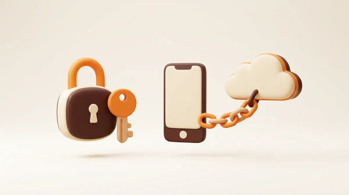 Illustration of a padlock and a key beside a smartphone, with a chain of links running from the phone to a small cloud, for a guide on how to connect an app to Amazon Seller Central