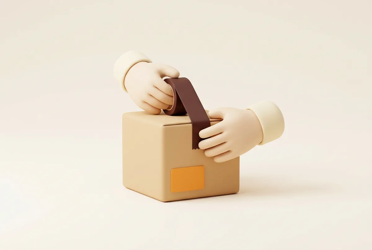 Illustration of two hands taping a shipping box with a blank orange label, the first shipment in Amazon FBA for beginners