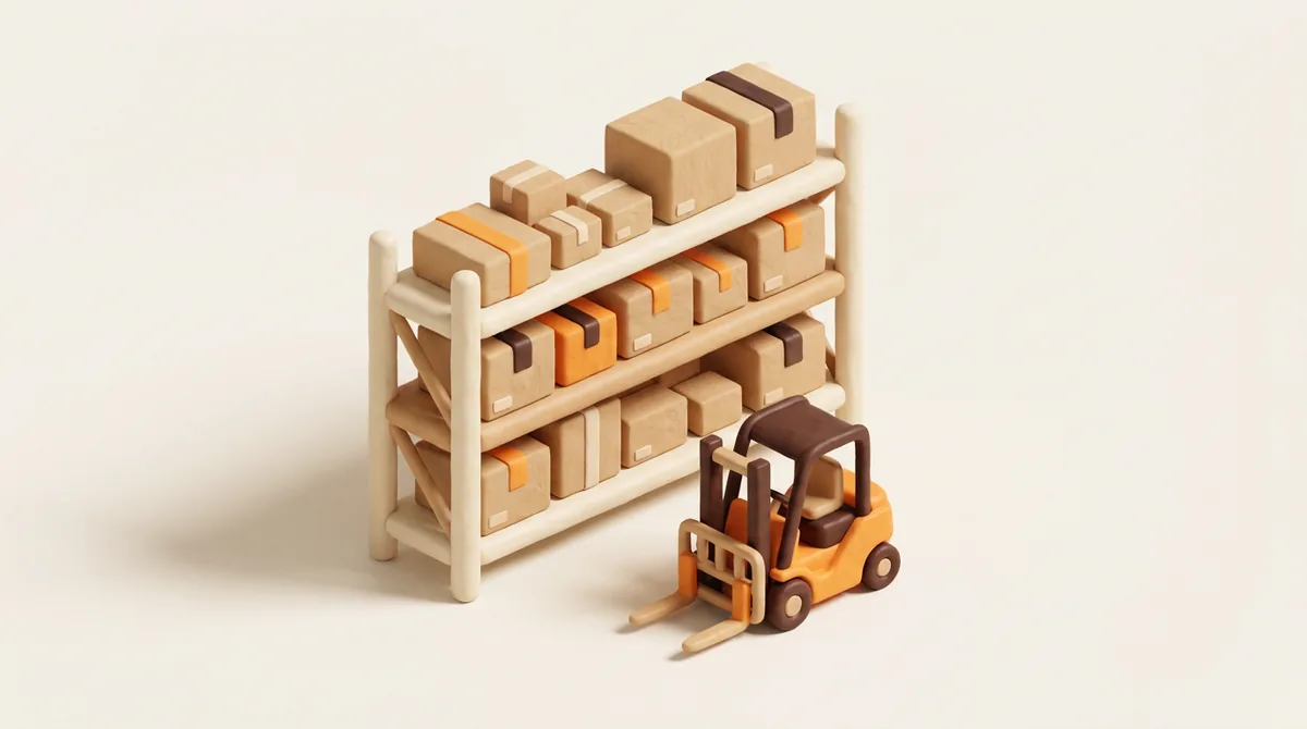 Illustration of an isometric warehouse shelf full of parcels with a tiny forklift in front, the starting point of Amazon FBA for beginners