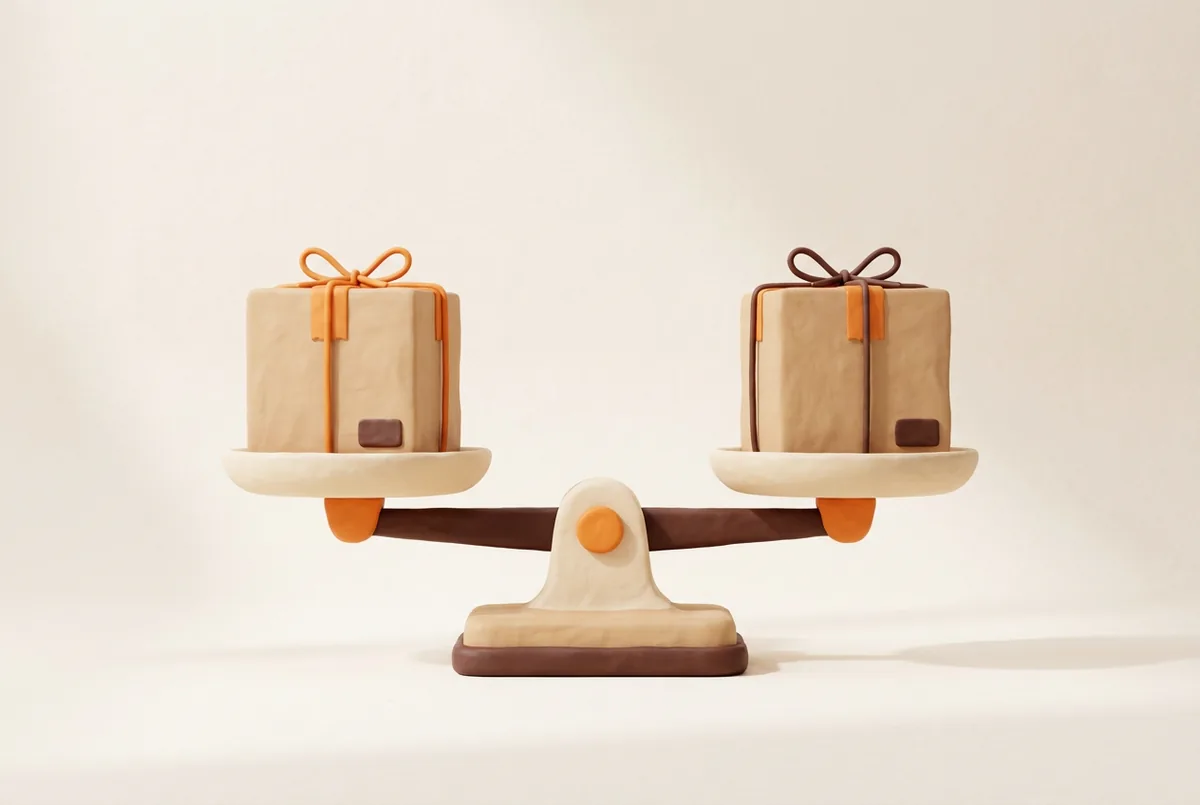 Illustration of a balance scale with a parcel on each pan, weighing Amazon FBA vs FBM