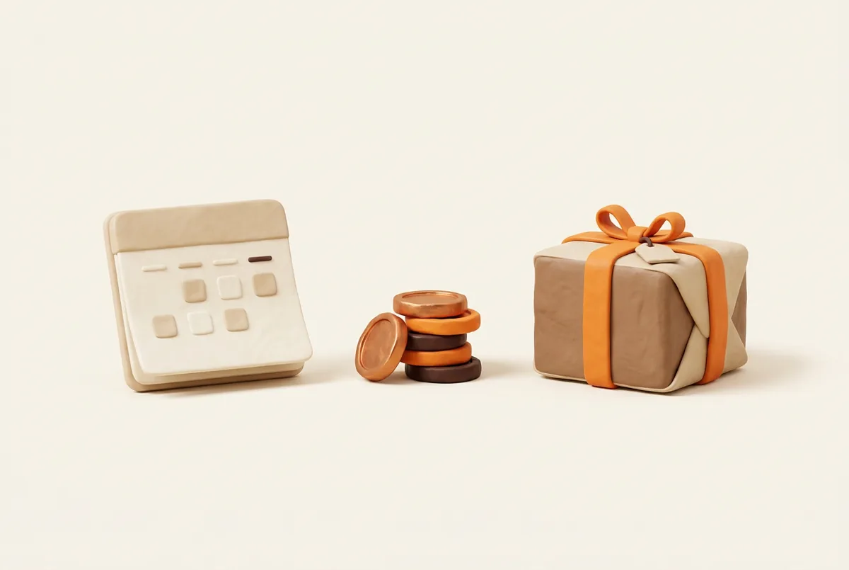 Illustration of a blank calendar page, a small stack of coins and a parcel in a row, the timeline from a first sale on Amazon to the payout