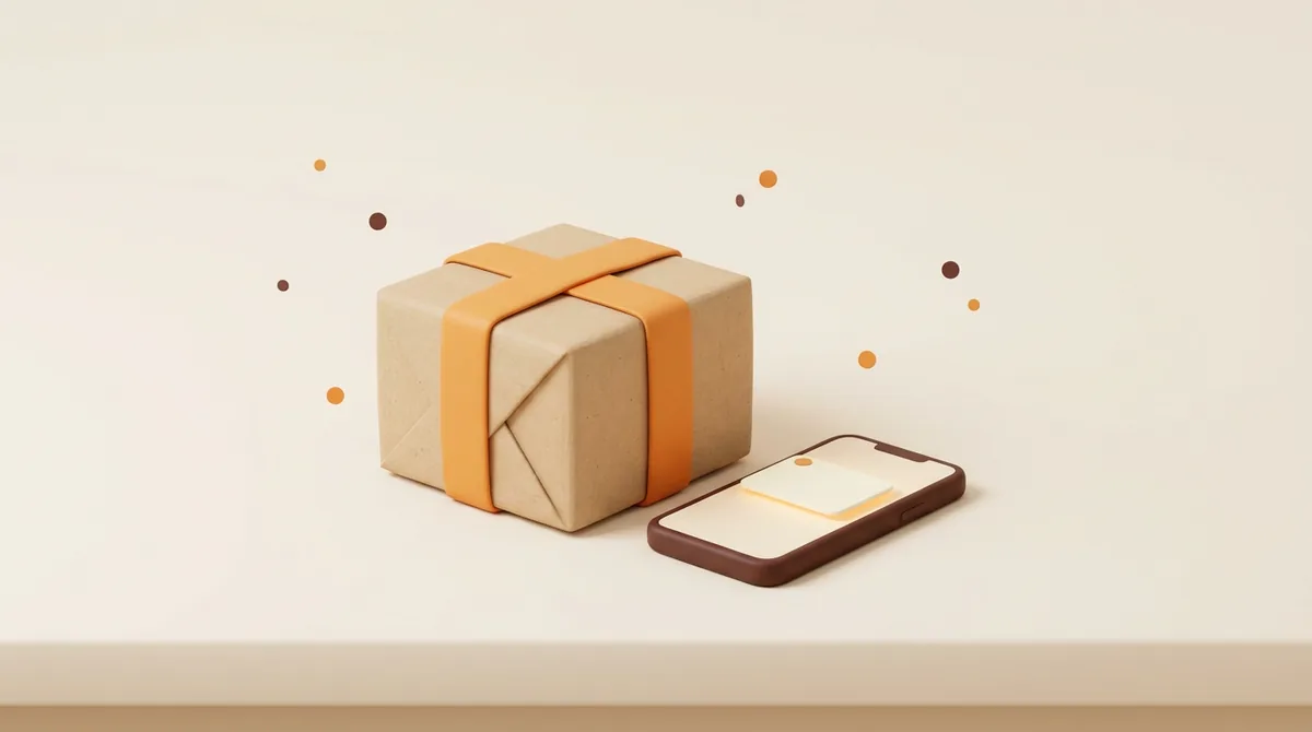 Illustration of a single parcel with an orange ribbon on a desk beside a smartphone showing a notification card and a few confetti dots, celebrating a first sale on Amazon