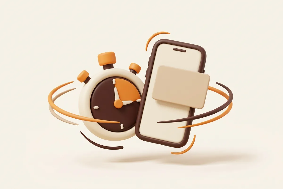 Illustration of a stopwatch next to a smartphone with a notification card, timing how to get notified when you make a sale on Amazon