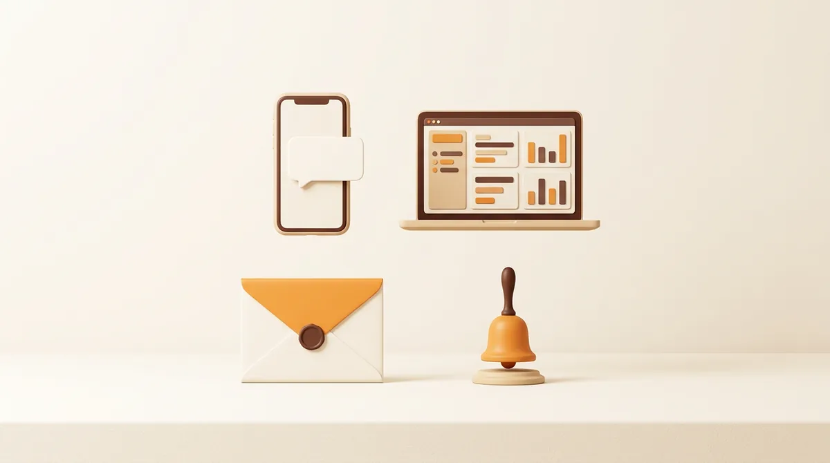 Illustration of a smartphone with a notification card, a laptop with a dashboard, an envelope and a small bell, showing how to get notified when you make a sale on Amazon
