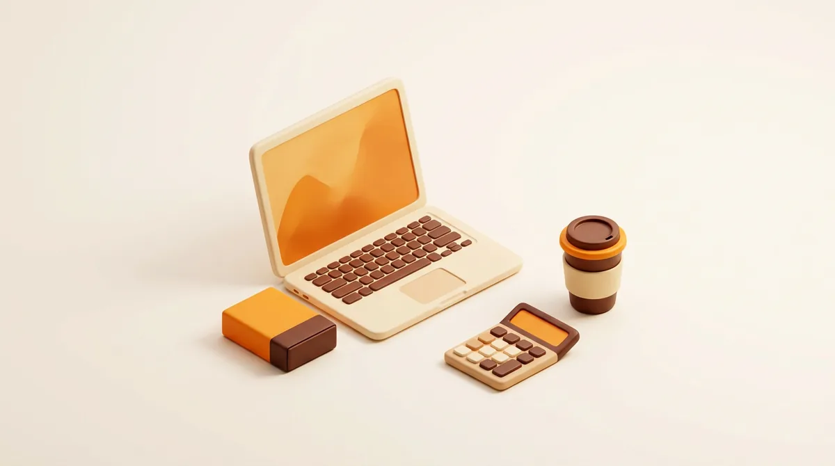 Illustration of an isometric desk with an open laptop, a small product box, a calculator and a coffee cup, the starting point for anyone learning how to sell on Amazon