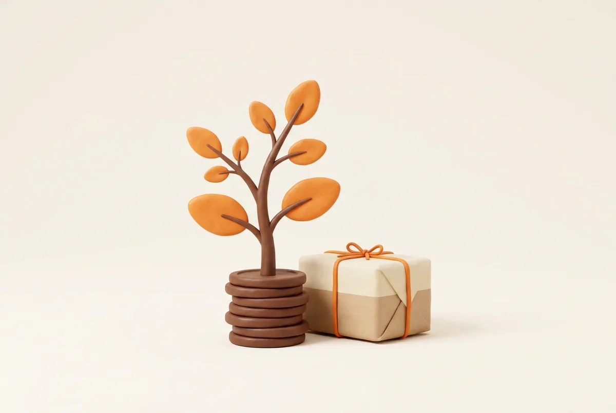 Illustration of a small plant with orange leaves growing from a stack of coins next to a parcel, the slow growth behind the question is selling on Amazon worth it