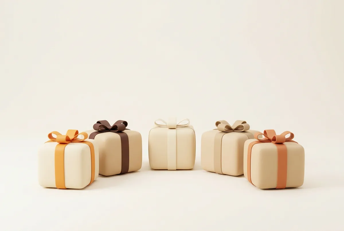Illustration of several parcels each tied with a ribbon of a different colour and arranged in a semicircle, one for each store in an Amazon European marketplaces account