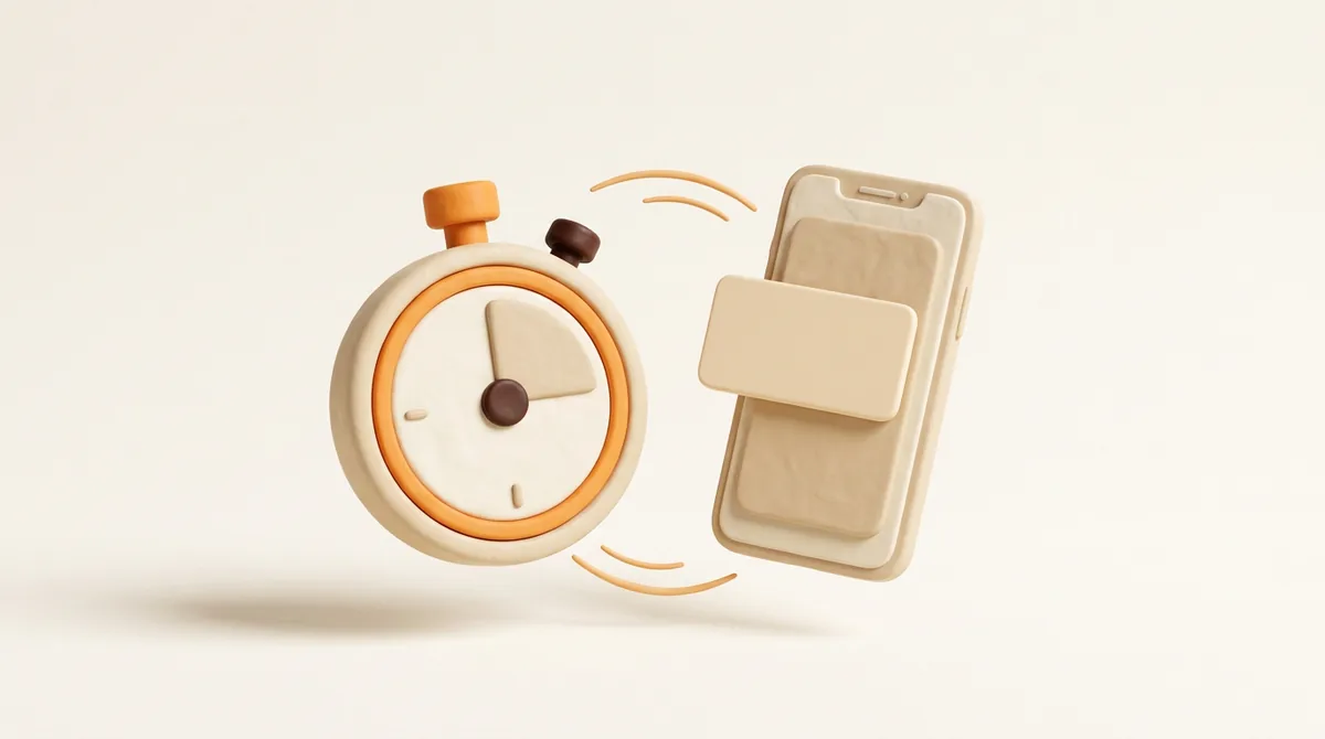 Illustration of a large stopwatch beside a smartphone with a blank notification card, timing an Amazon order notification