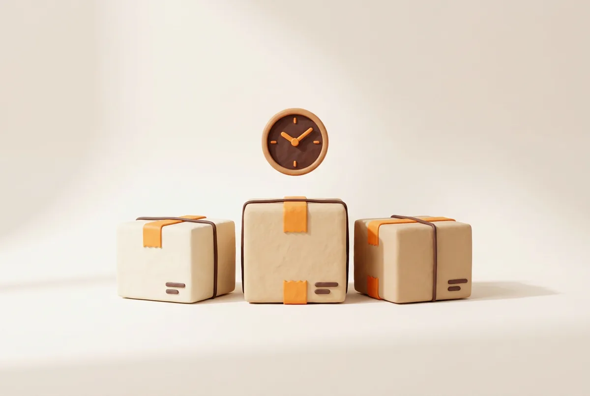 Illustration of three parcels with a small clock above the middle one, showing how long an Amazon pending order can take