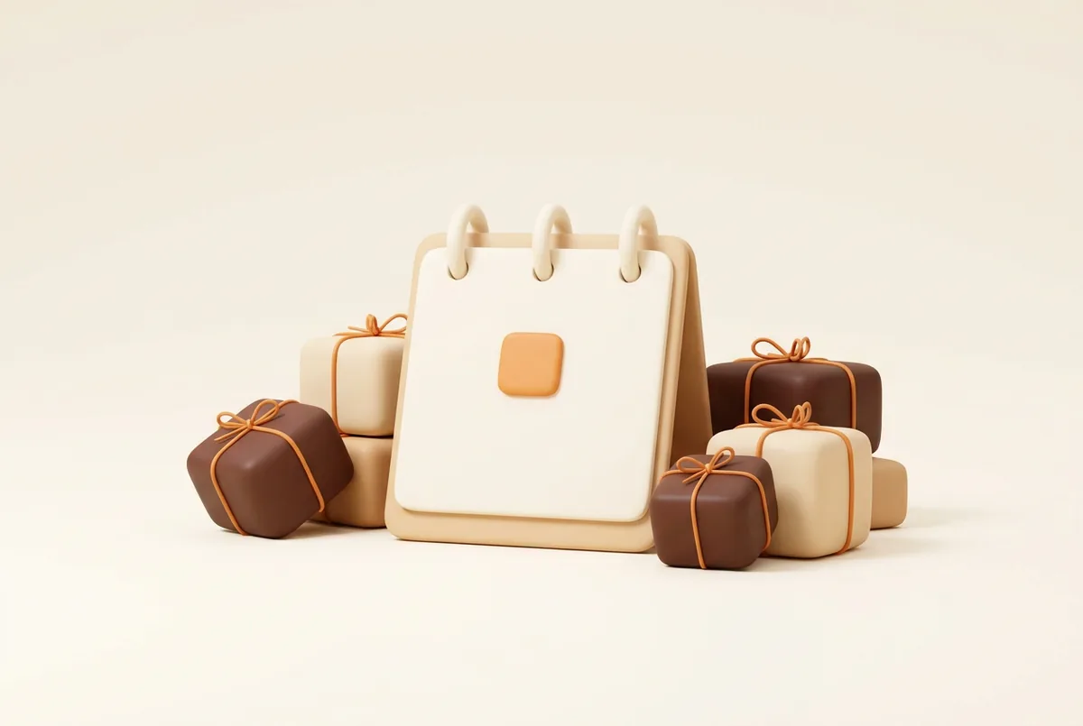 Illustration of a blank calendar with one day highlighted in orange and small parcels piled next to it, the inbound deadline from our Prime Day tips for sellers