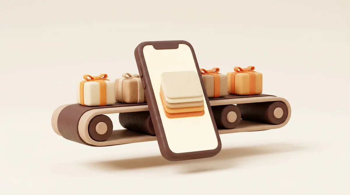 Illustration of a stream of parcels on a conveyor belt with a smartphone in front showing a stack of notification cards, the peak day behind these Prime Day tips for sellers