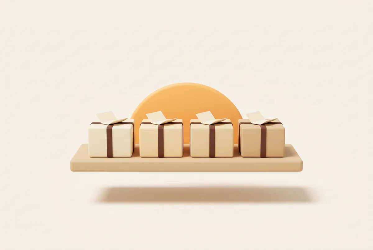Illustration of four parcels on a shelf, each with a small folded note on top and a morning sun behind them: one Amazon Request a Review per order, sent automatically