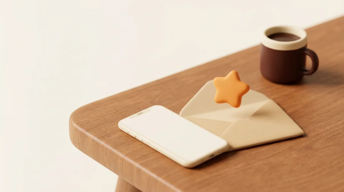 Illustration of a smartphone on a wooden desk beside an open envelope with a soft star rising from it, for the news that Agent ChaChing sends the Amazon Request a Review automatically
