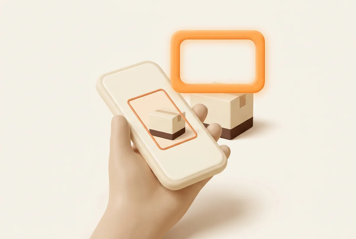 Illustration of a hand holding a phone pointed at a product box, framed by the scanning frame of the Amazon Seller app