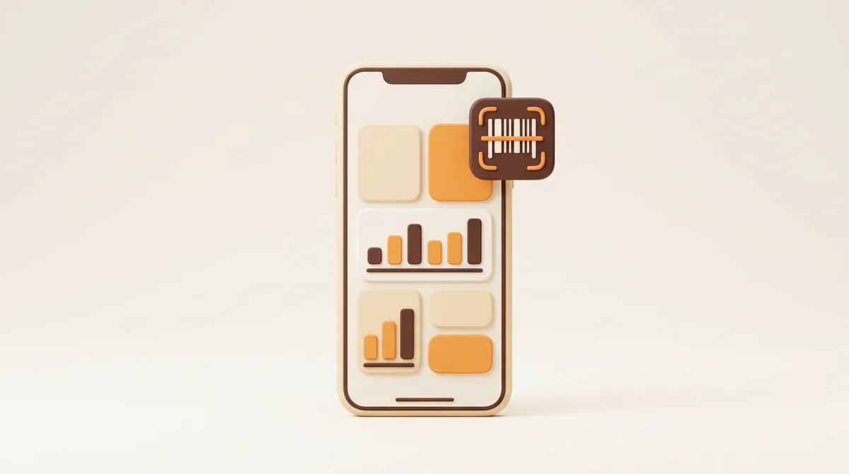 Illustration of a smartphone showing an abstract Amazon Seller app dashboard of blank cards and bar charts, with a small barcode scanner frame beside it
