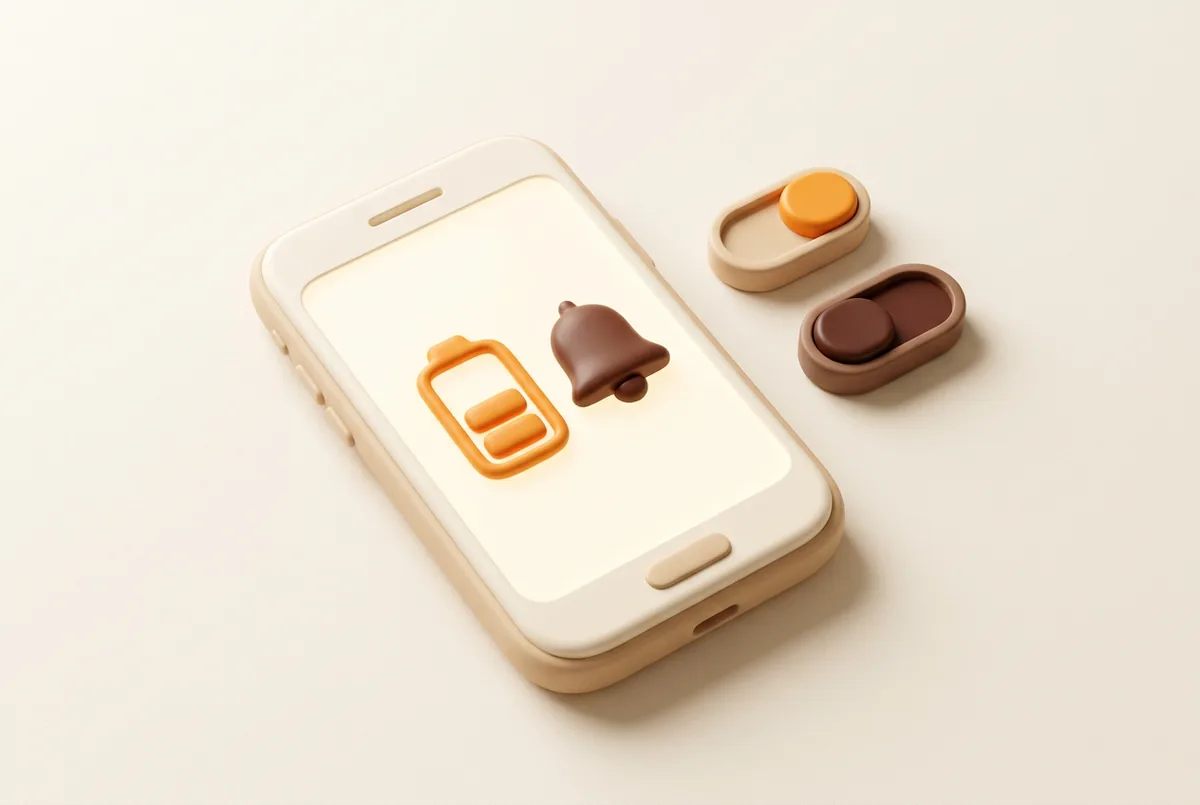Illustration of a smartphone with a battery icon and a bell icon on screen and two toggle switches beside it, the Android settings behind most reports of the Amazon Seller app not working