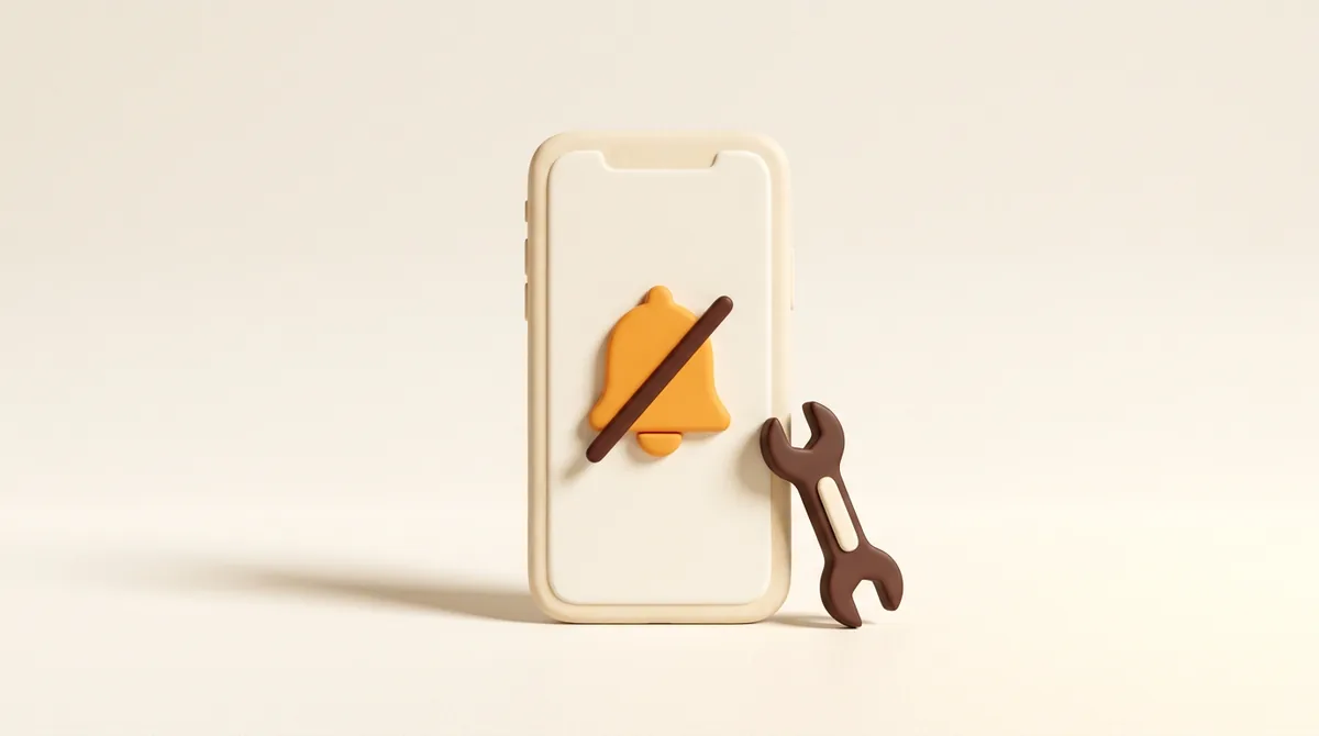 Illustration of a smartphone showing a bell icon with a slash across it and a small wrench beside the phone, a picture of the Amazon Seller app not working