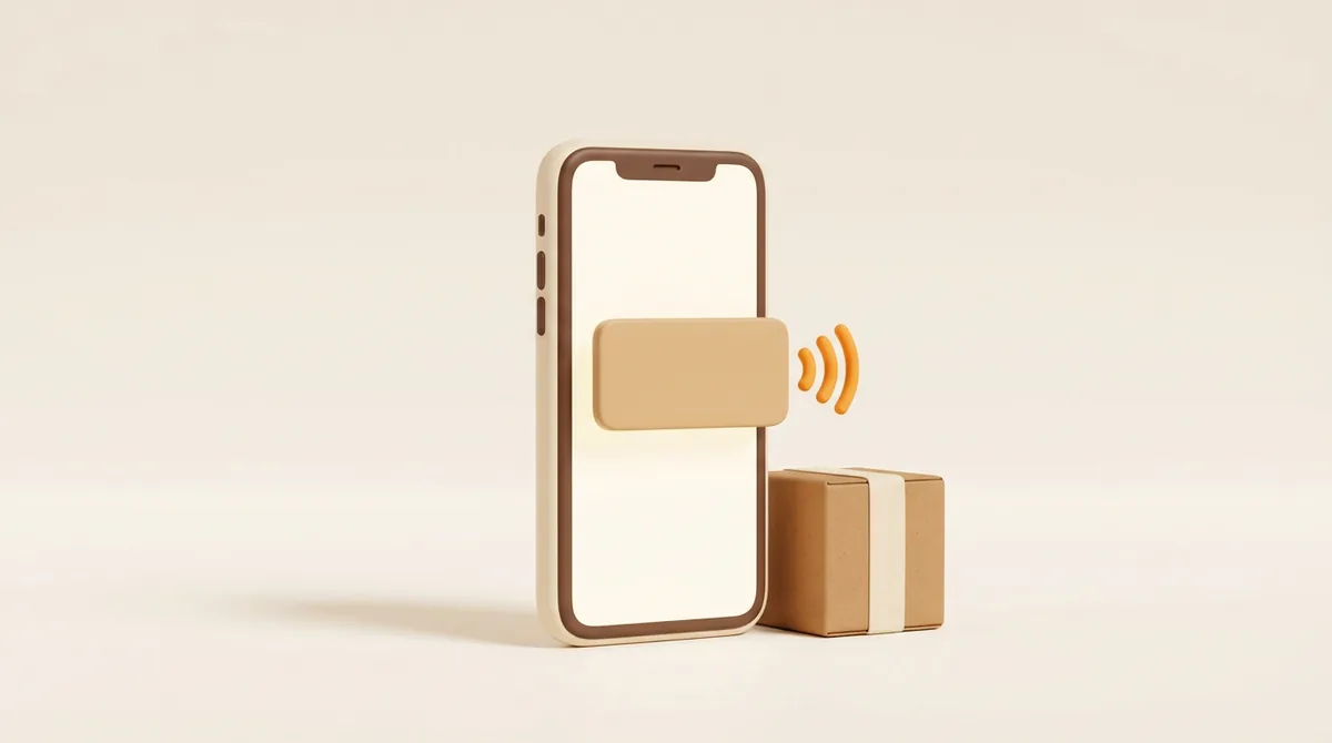 Illustration of a smartphone with a blank notification card and sound waves next to a parcel, showing what Amazon Seller app notifications could look like for a new order