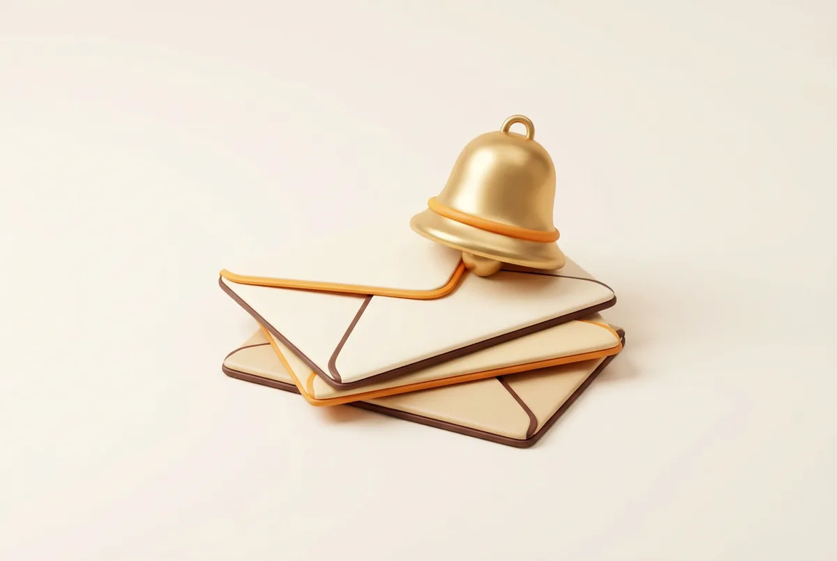 Illustration of a stack of envelopes with a small bell on top, standing for the emails that Amazon Seller Central notifications can send