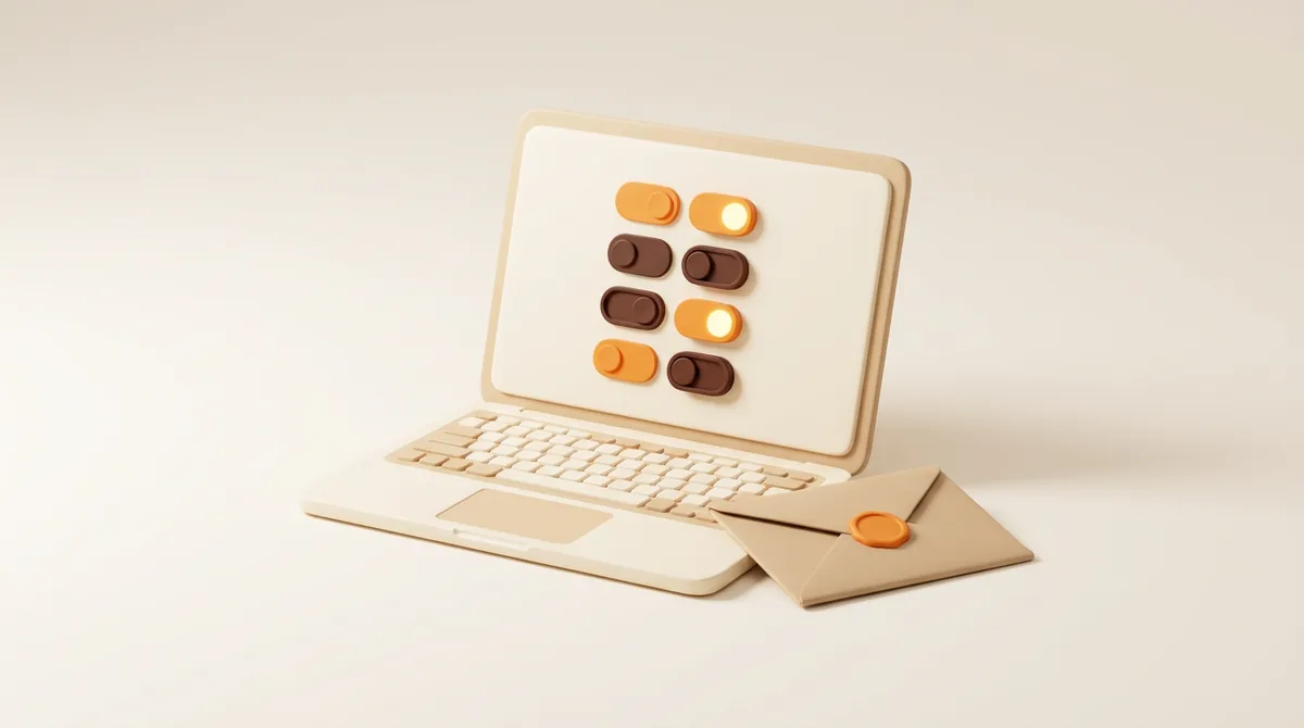 Illustration of an open laptop showing a column of toggle switches for Amazon Seller Central notifications, some switched on in orange and some off, with an envelope beside it