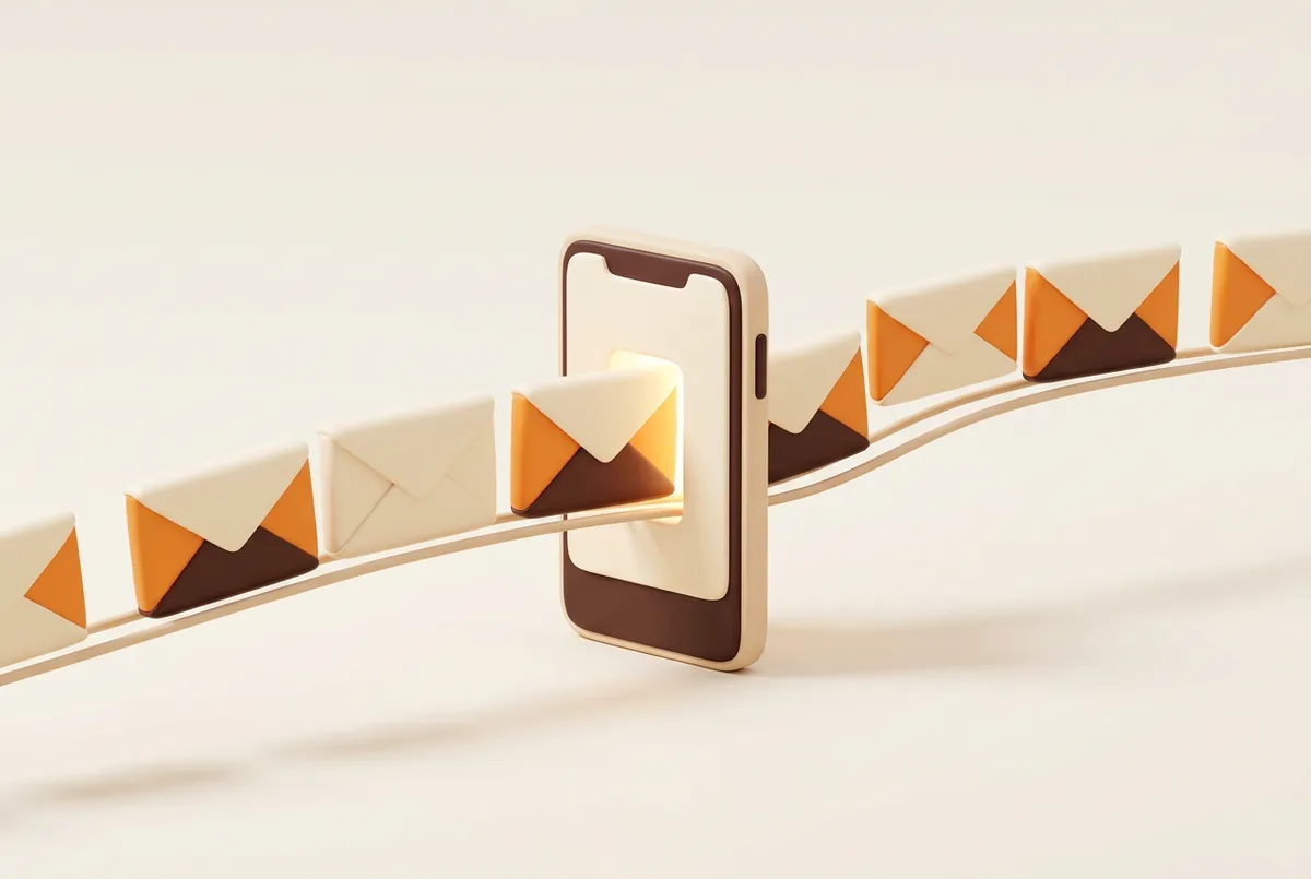 Illustration of a queue of paper envelopes moving along a thin line into a smartphone, one envelope per order notification