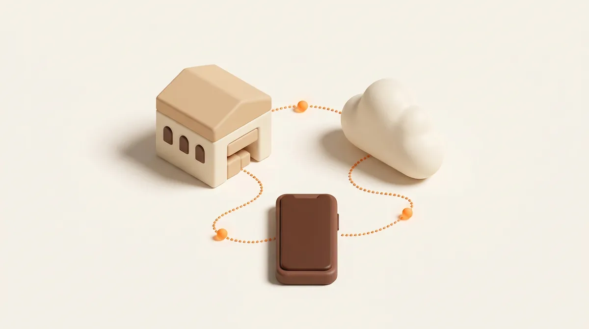Illustration of a small warehouse, a cloud and a smartphone joined by thin orange lines with dots travelling along them, the route of Amazon SP-API order notifications